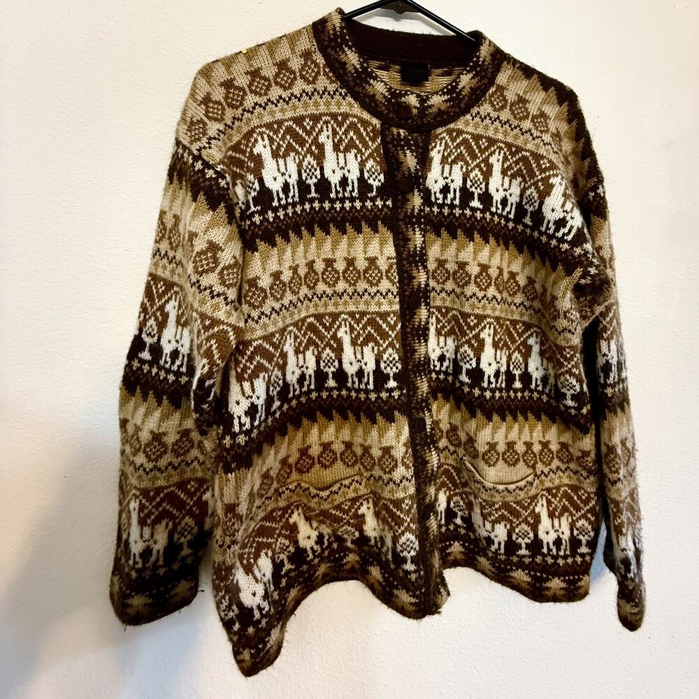Alpaca Peru Cardigan Jacket Women’s Sweater Brown, Tan, and Ivory Unisex XL